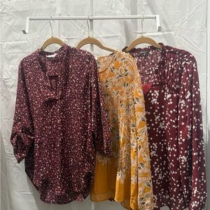 DR2 Mixed Floral & Ditsy Print Blouse Trio - Burgundy & Mustard